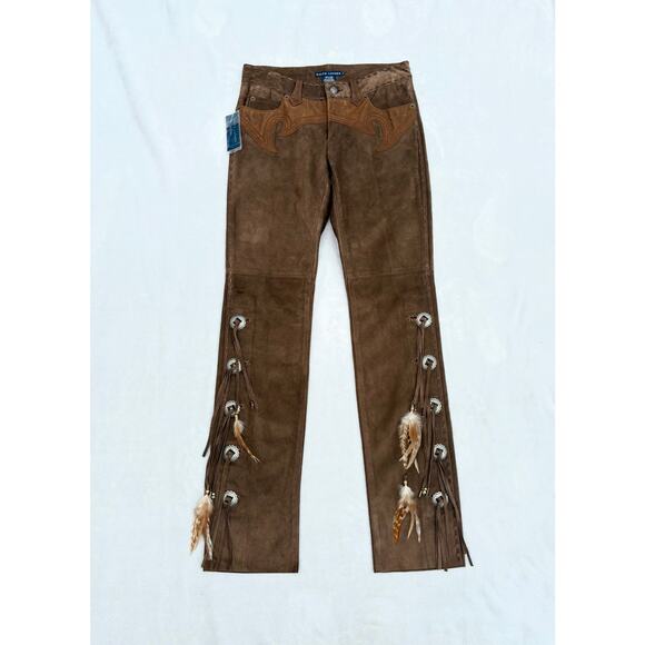 Vintage Ralph Lauren Suede Leather Fringe Pants Western Concho Lace Up Boho NWT - Picture 16 of 16